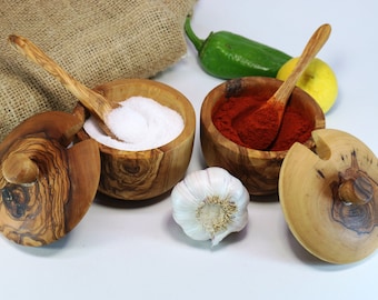 Set of two Olive Wood Salt Cellar with Lid / Sugar Pot With Coffee Spoon / Spice Container / Kitchen Storage / Coffee Keeper