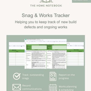 Op de afbeelding: Een digitaal spreadsheet-sjabloon Snag & Works Tracker van The Home Notebook. Het document bevat kolommen voor het bijhouden van defecten aan woningen en lopende werkzaamheden, met secties voor referenties, beschrijvingen en de status.
