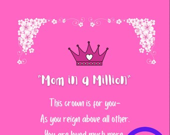 Mother’s Day USA “Mom in a Million” Award/Certificate, Crown. Pink A4 poster/card. Digital download item for you to print at home.