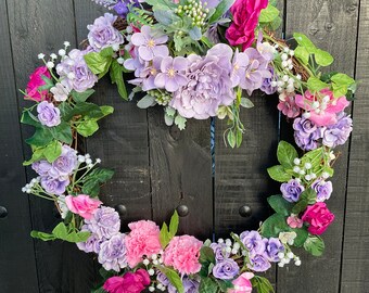 Floral Wreath, Spring, Summer  Door Decor, Featuring Lilac and Link Silk/Artificial Flowers, 40cm. Gift For Mum, Nan, Friend, Sister, Aunt.