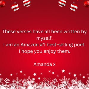 Pode incluir: Fundo vermelho festivo com decora&ccedil;&otilde;es de Natal e texto. O texto diz: "Estes versos foram todos escritos por mim. Sou um poeta n&ordm; 1 em vendas da Amazon. Espero que goste deles. Amanda x."