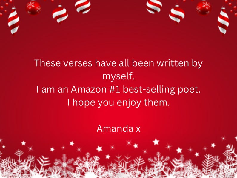 Pode incluir: Fundo vermelho festivo com decora&ccedil;&otilde;es de Natal e texto. O texto diz: "Estes versos foram todos escritos por mim. Sou um poeta n&ordm; 1 em vendas da Amazon. Espero que goste deles. Amanda x."
