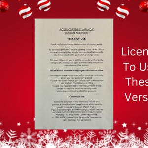 Pode incluir: Um documento intitulado "Licen&ccedil;a para Usar Estes Versos" com texto detalhando os termos de uso para versos rimados. O documento est&aacute; em um fundo vermelho festivo com flocos de neve brancos e enfeites de Natal.