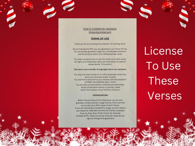 Pode incluir: Um documento intitulado "Licen&ccedil;a para Usar Estes Versos" com texto detalhando os termos de uso para versos rimados. O documento est&aacute; em um fundo vermelho festivo com flocos de neve brancos e enfeites de Natal.