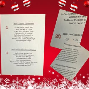 Pode incluir: Duas folhas de papel com poemas de Natal e Ano Novo sobre um fundo vermelho com decora&ccedil;&otilde;es festivas. Os poemas s&atilde;o intitulados "Feliz Natal" e "Feliz Ano Novo".