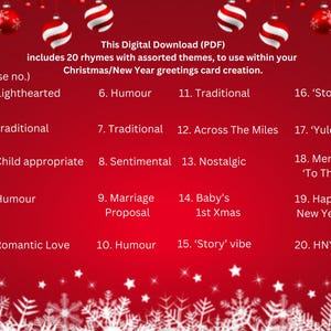Pode incluir: Um gr&aacute;fico digital vermelho com texto branco listando 20 temas de rimas para cart&otilde;es de Natal e Ano Novo. Enfeites decorativos pendem do topo. Os temas incluem 'Humor', 'Tradicional' e 'Feliz Ano Novo'.