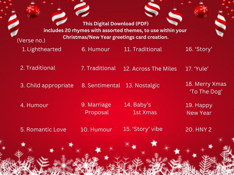 Pode incluir: Um gr&aacute;fico digital vermelho com texto branco listando 20 temas de rimas para cart&otilde;es de Natal e Ano Novo. Enfeites decorativos pendem do topo. Os temas incluem 'Humor', 'Tradicional' e 'Feliz Ano Novo'.