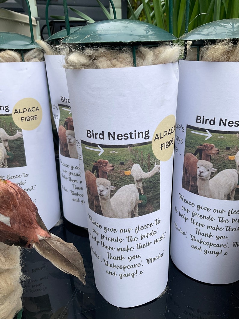 May include: Three white bird nesting boxes made of alpaca fiber. The boxes are labeled "Bird Nesting" and feature a photo of alpacas with the text "Please give our fleece to our friends the birds. Help them make their nest. Thank you. Shakespeare, Mocha and gang! x"