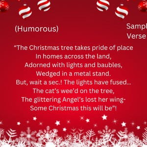 Pode incluir: Um cart&atilde;o de Natal vermelho com flocos de neve brancos e texto. O texto inclui "(Humorous)" e "Sample Verse 1". O poema descreve uma cena de Natal humor&iacute;stica com uma &aacute;rvore, luzes e um gato.