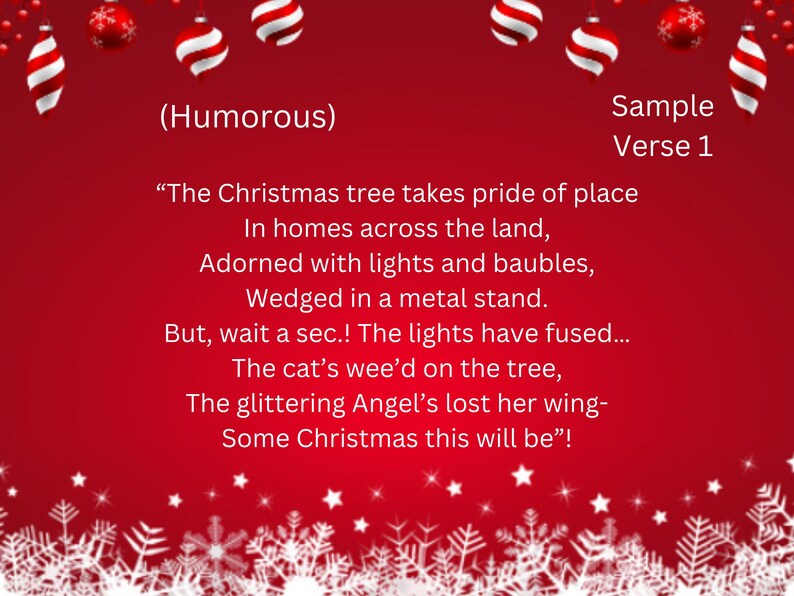 Pode incluir: Um cart&atilde;o de Natal vermelho com flocos de neve brancos e texto. O texto inclui "(Humorous)" e "Sample Verse 1". O poema descreve uma cena de Natal humor&iacute;stica com uma &aacute;rvore, luzes e um gato.