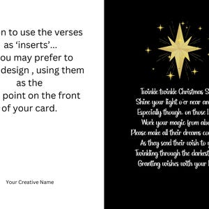 Pode incluir: Um design de cart&atilde;o de Natal com uma estrela dourada e texto sobre um fundo preto. O texto inclui um poema que come&ccedil;a com "Twinkle twinkle Christmas Star...". O lado esquerdo tem texto que diz "Option to use the verses as 'inserts'..." e "Your Creative Name."