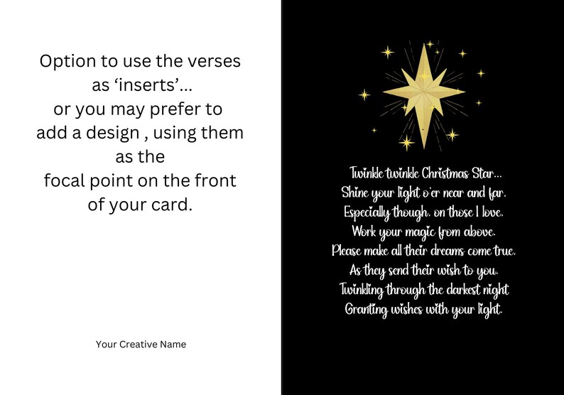 Pode incluir: Um design de cart&atilde;o de Natal com uma estrela dourada e texto sobre um fundo preto. O texto inclui um poema que come&ccedil;a com "Twinkle twinkle Christmas Star...". O lado esquerdo tem texto que diz "Option to use the verses as 'inserts'..." e "Your Creative Name."