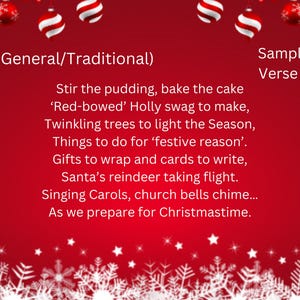 Pode incluir: Fundo vermelho festivo com flocos de neve e estrelas brancas, e enfeites de Natal. O texto diz "(Geral/Tradicional)" e um poema sobre as tradi&ccedil;&otilde;es natalinas, incluindo assar e presentear.