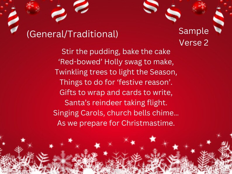 Pode incluir: Fundo vermelho festivo com flocos de neve e estrelas brancas, e enfeites de Natal. O texto diz "(Geral/Tradicional)" e um poema sobre as tradi&ccedil;&otilde;es natalinas, incluindo assar e presentear.