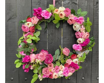 Pink Wreath, Artificial Silk “Roses and Ranunculi” Flowers, Huge 40cm Diameter,Everlasting Gift for Mum, Godmother, Grandma.