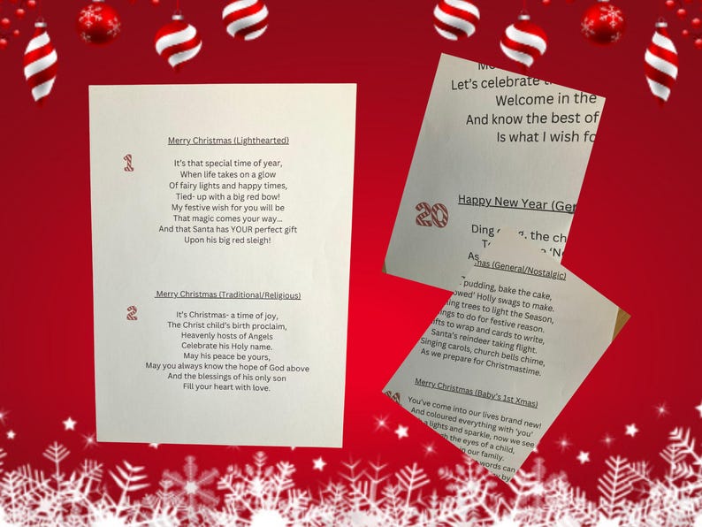 Pode incluir: Duas folhas de papel com poemas de Natal e Ano Novo sobre um fundo vermelho com enfeites de Natal. Os poemas s&atilde;o intitulados "Feliz Natal" e "Feliz Ano Novo".