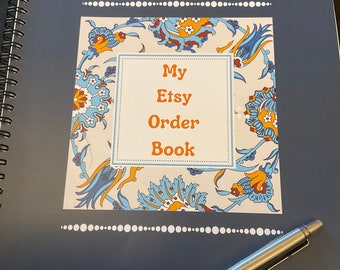 Order Book, Etsy Seller, Kerching, A4 spiral bound record book,100 order capacity, Denim Blue, Orange, Floral Design.Etsy Seller Gift