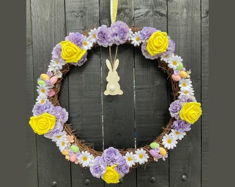Easter Wreath For Door, Gate, Mirror. 40cm Rattan Wreath, Featuring Artificial Flowers, Yellow Gingham Ribbon Hanger. Easter Gift.