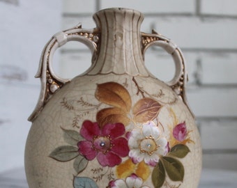 Vintage Antique Art Nouveau Floral & Gold Painted Jug Shaped Bud Vase