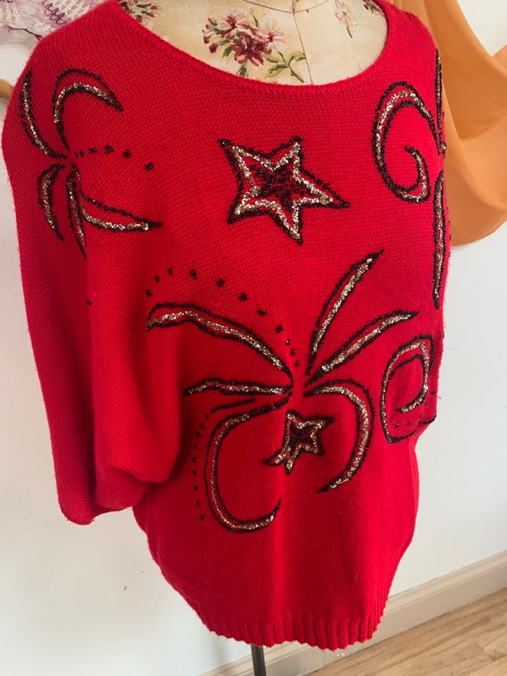 Vintage 1980s Red Knit Beaded Dolman Sleeve Sweat… - image 8