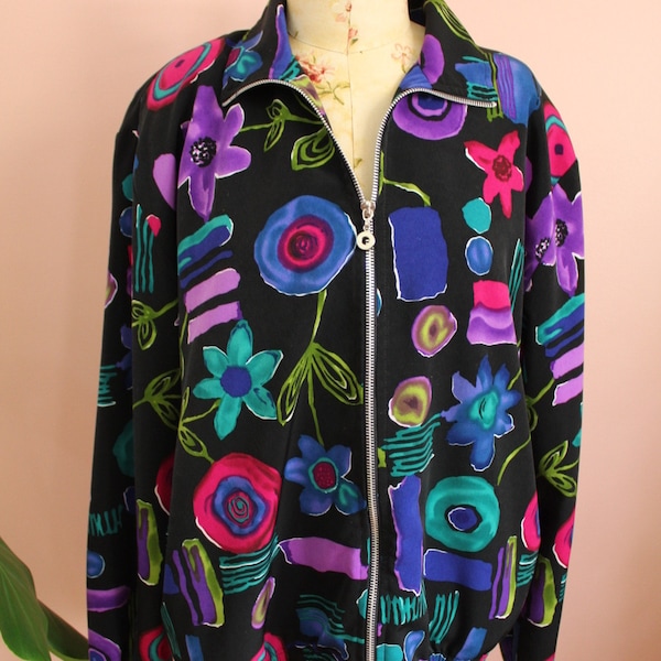 Vintage 1990s Light Weight Black Print Zip Up Jacket- Size Large- XL