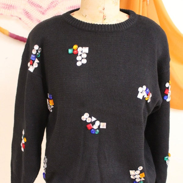 Vintage 1980s Black Knit Bedazzled Rhinestone  Sweater- Small