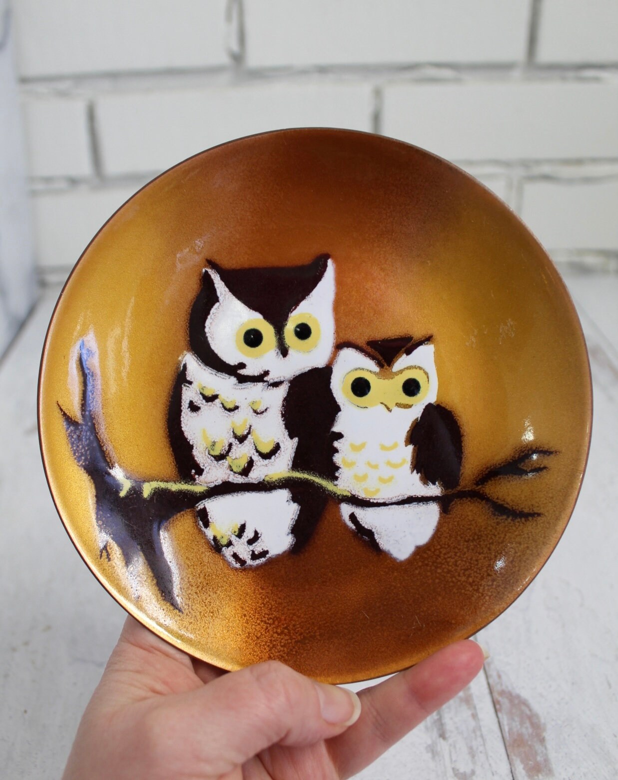 Vintage 1970s Owl Decorative Enamel Trinket Dish/ Plate