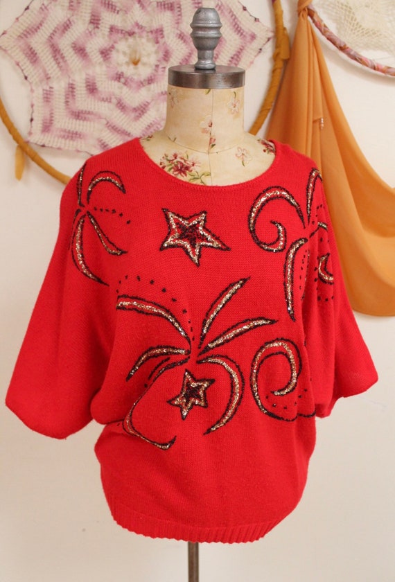 Vintage 1980s Red Knit Beaded Dolman Sleeve Sweate