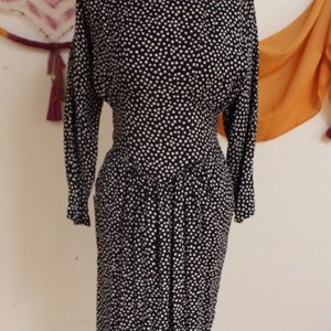 Vintage 1980s Long Batwing Sleeve Black and White Polka Dotted Dress. image 2