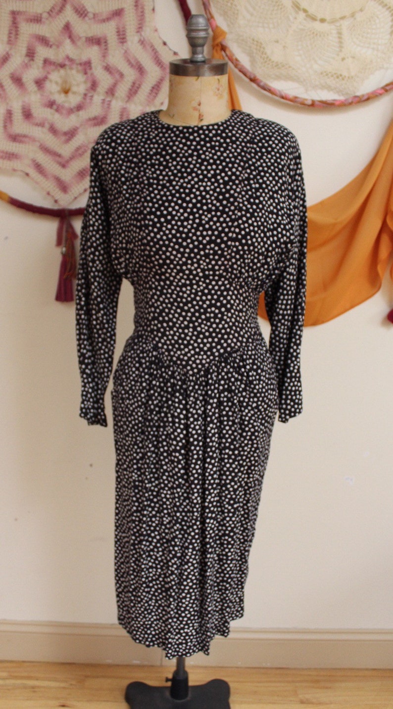 Vintage 1980s Long Batwing Sleeve Black and White Polka Dotted Dress. image 2