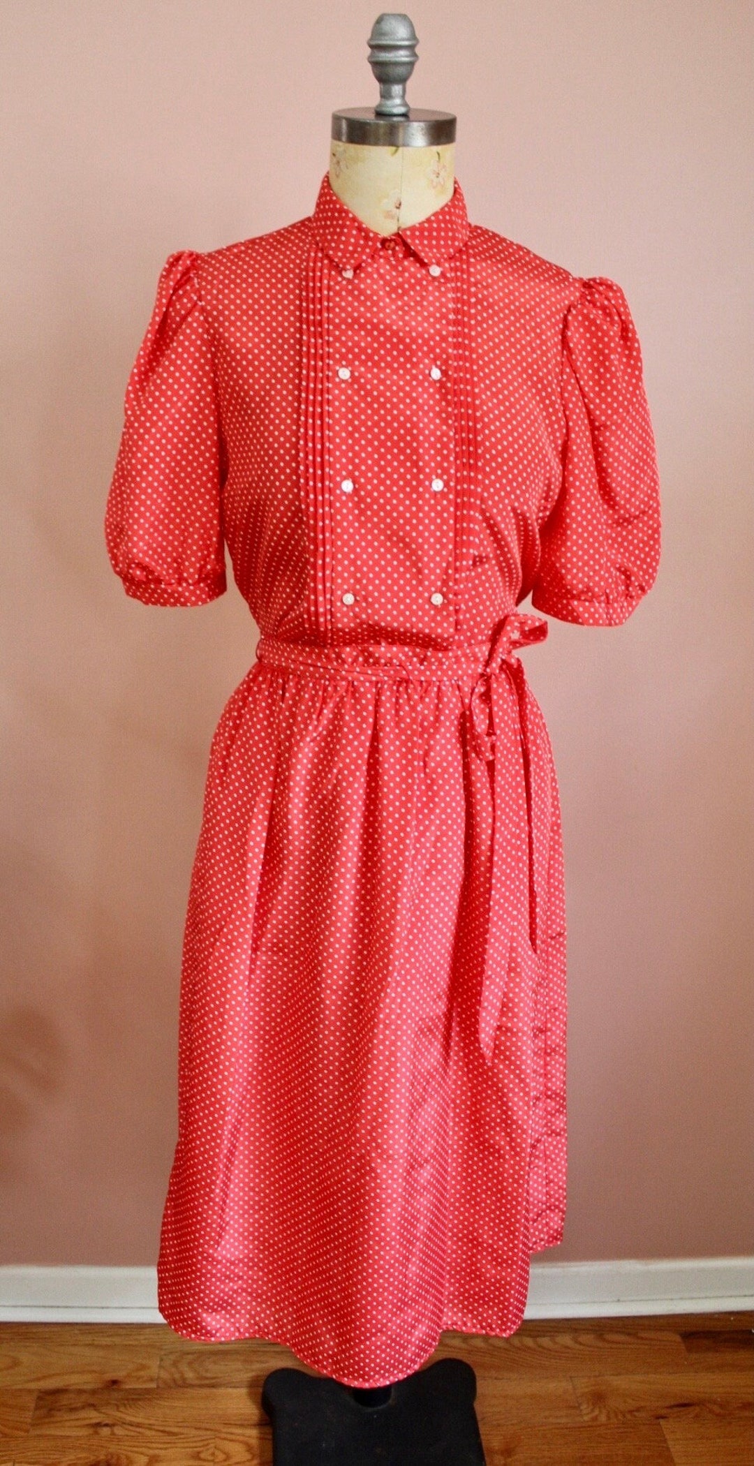 60's/70's Red Orange Polka Dot Sleeveless Button Up and Skirt Set Skirt Suit main image 0