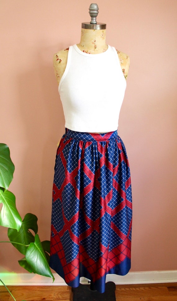Vintage 1970s Red and Blue Print Skirt- Size Small - image 3