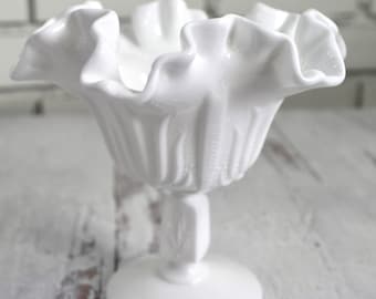 Vintage 1960s Fenton Milk Glass Ruffled Centerpiece Vase/ Compote