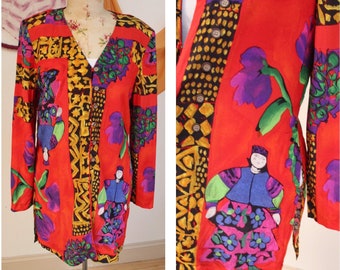 Vintage 1980s Red Abstract Printed Tunic/Blouse - Size Small