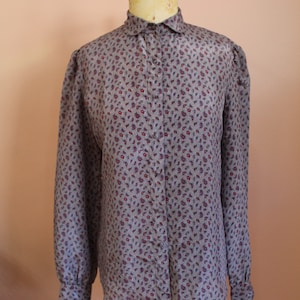 Vintage 1980s Long Sleeve Grey Paisley Printed Blouse- Small-Med.