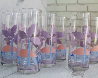 Vintage 1980s Tropical Print Sun Rays Palm Tree Drinking Glasses Set of 6