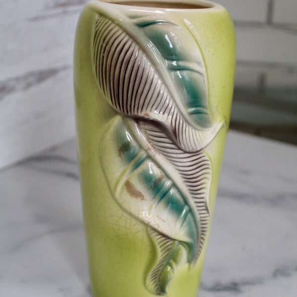 Vintage Royal Copley - Chartreuse Green Leaf Vase - 8.5"