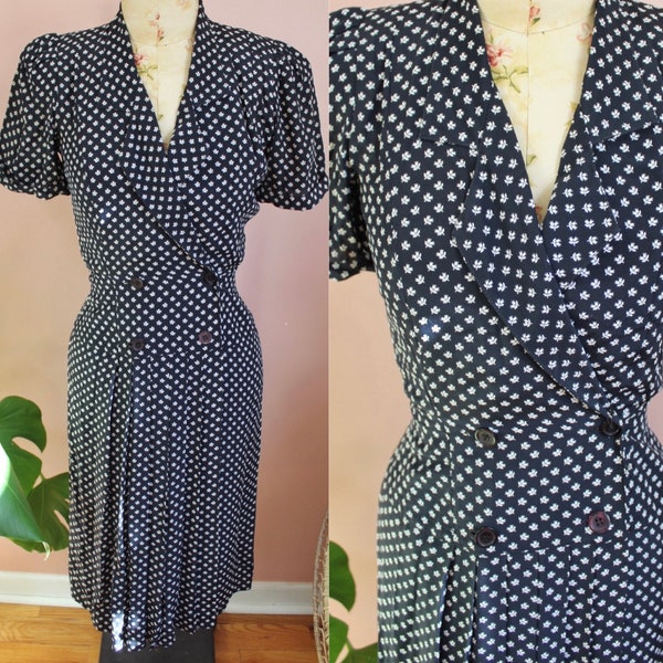 Vintage 1980s Collared Cap Sleeve Printed Black Dress- XS Petite