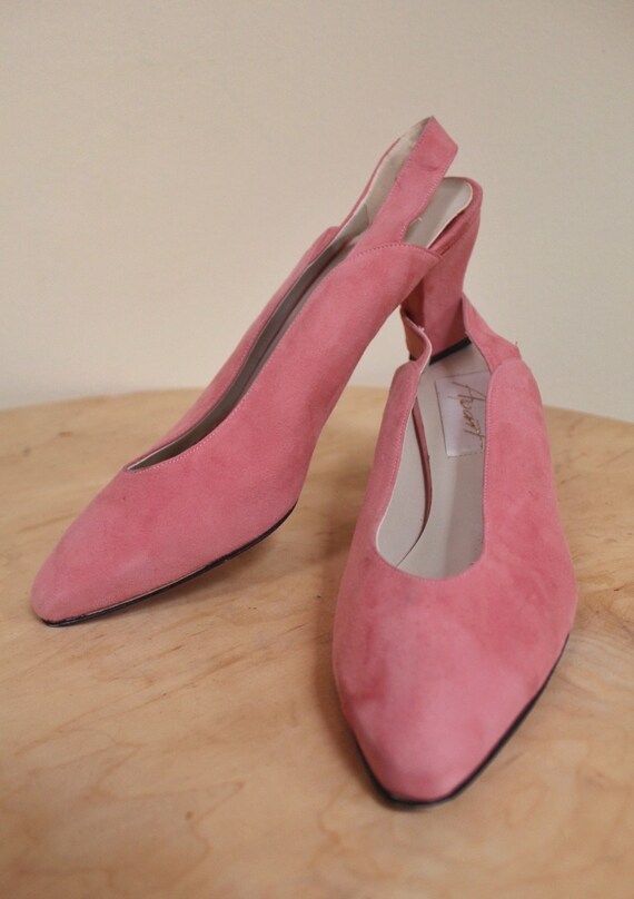 Vintage 1990s Pink Suede Slingback Heel Shoes - Si