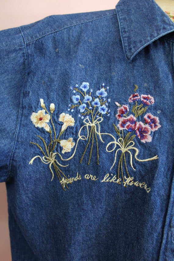 Vintage 1990s Denim Button Down w/ Embroidered Fl… - image 2