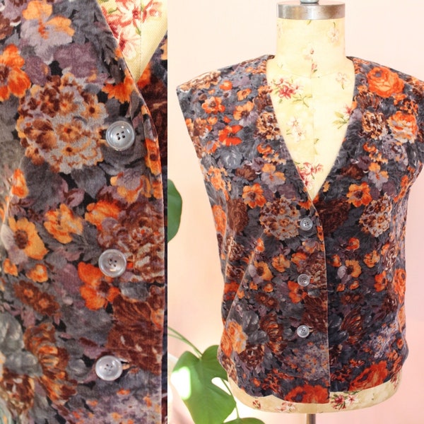 Vintage 1980s Velvet Floral Printed Cropped Vest- Size Small