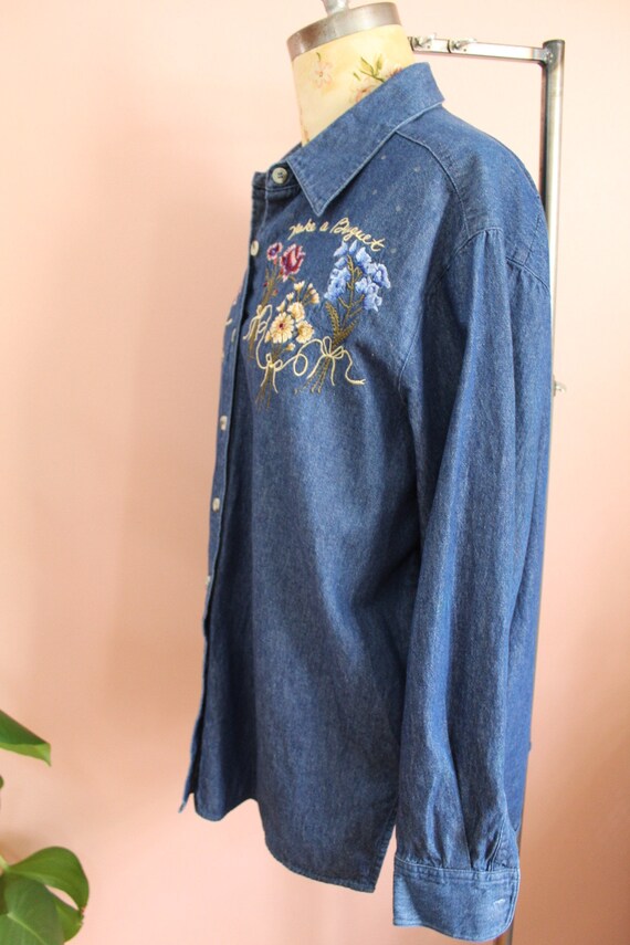 Vintage 1990s Denim Button Down w/ Embroidered Fl… - image 5