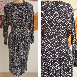 Vintage 1980s Long Batwing Sleeve Black and White Polka Dotted Dress. image 1