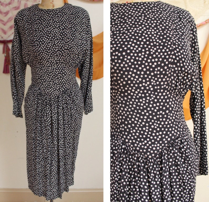 Vintage 1980s Long Batwing Sleeve Black and White Polka Dotted Dress. image 1