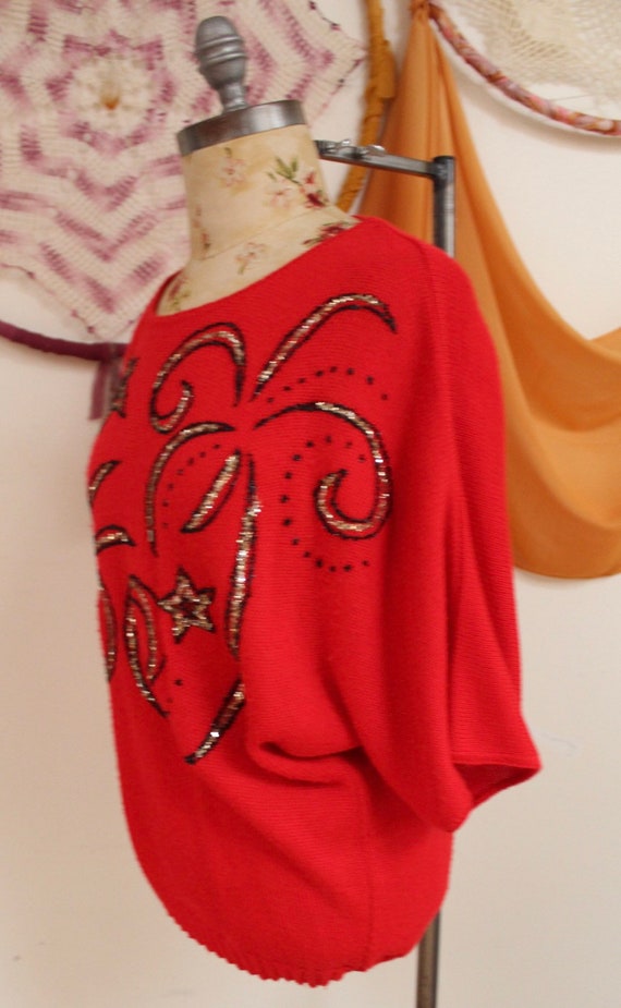Vintage 1980s Red Knit Beaded Dolman Sleeve Sweat… - image 5