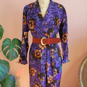 Vintage 1980s Purple Floral Printed Wrap Style 3/4 Sleeve Dress w/ Belt- Size XS-Small Petite