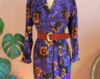 Vintage 1980s Purple Floral Printed Wrap Style 3/4 Sleeve Dress w/ Belt- Size XS-Small Petite