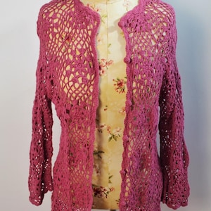 Vintage 1990s Crocheted Pink Floral Lace Button Down Long Cardigan Tunic- Size Medium-Large