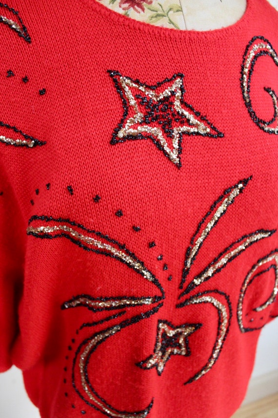 Vintage 1980s Red Knit Beaded Dolman Sleeve Sweat… - image 4