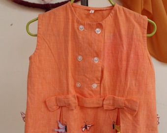 Vintage 1960s Orange Girls Tunic Dress w/ Butterfly Embellishments - Size 2/3